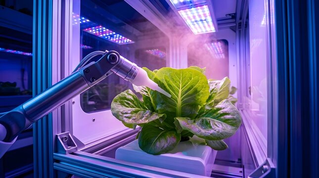 A plant in a refrigerator with a light coming from it