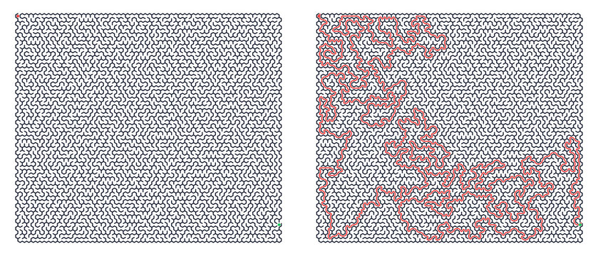 Detailed 60x60 labyrinth grid with red route for developing cognitive skills, stationery design, and educational projects