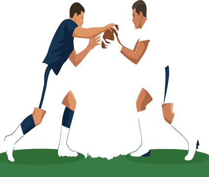 American football players tackling and competing for ball vector illustration. Two athletic men fighting for possession on green pitch field patch, minimalist flat sports graphic background, rough gam