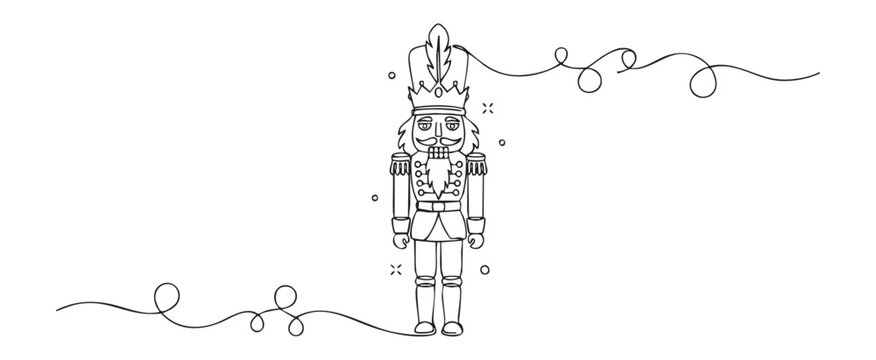 Continuous line art vector illustration of a traditional decorative nutcracker figure for winter holiday greeting card design concept