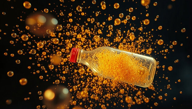 Juice bottle explosion on black. Splashes of juice with bubbles fly in all directions
