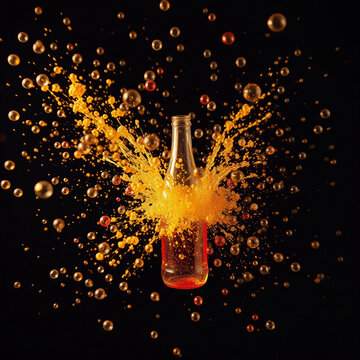Juice bottle explosion on dark. Bubbles and juice splash in all directions