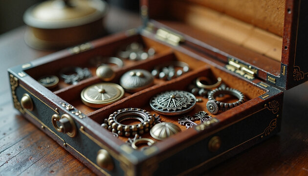 Collecting antique jewelry organized in compartment wooden box on rustic table