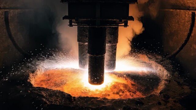Closeup medium shot focusing on electrode tips within a hybrid electricoxygen furnace highlighting sparks and electric arcs in hightemperature smelting