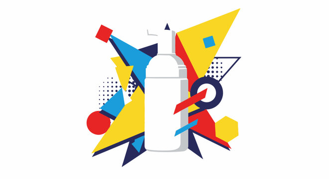 White pump bottle illustration with colorful abstract geometric background elements.