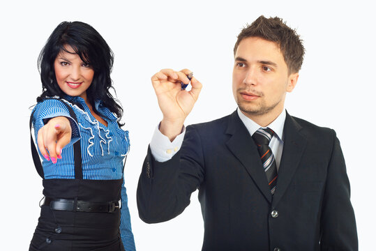Woman points accusingly at man in suit
