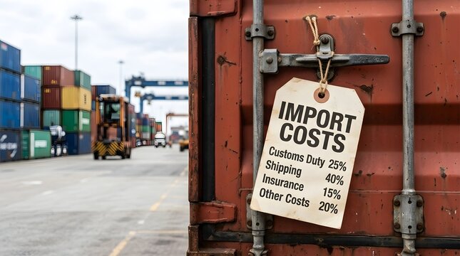 Price tag labeled Import Costs with a breakdown of customs duty shipping insurance and other fees hanging on a shipping container at a port, concept of international trade expenses and tariffs