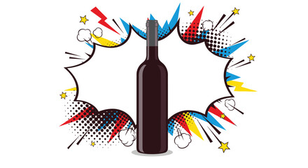 A dark red wine bottle stands tall against a vibrant comic book style explosion background. © siska