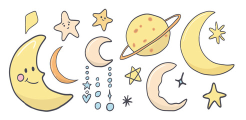 Naklejka premium Cute celestial set with smiling moons, stars, planet and sparkles hand drawn cartoon illustration for bedtime, nursery and fantasy themes.
