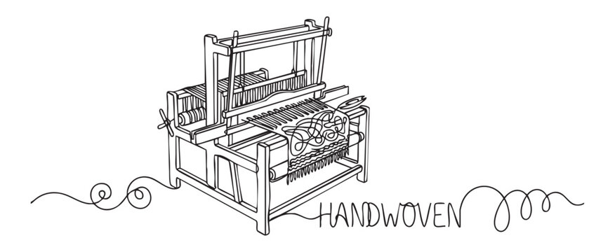 Minimalist continuous line art vector illustration of a traditional wooden weaving loom with woven fabric, representing craft, heritage and handmade textile concept