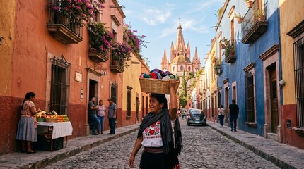 Naklejka premium San miguel de allende street scene with vendor and historic church