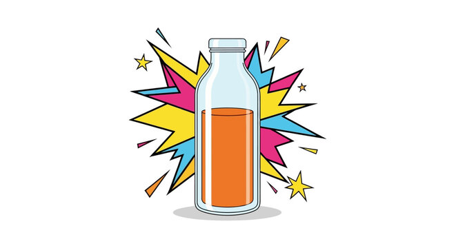 Clear glass bottle filled with orange juice beverage.