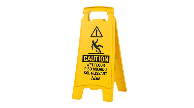 Yellow caution wet floor sign isolated on transparent background