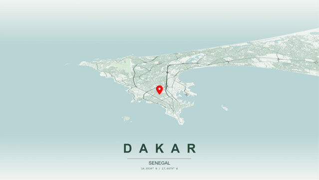 Modern minimalist vector map of Dakar, Senegal. High-quality scalable illustration of Dakar city grid, Port de Dakar waterfront, Ngor and Almadies contours for posters and design.
