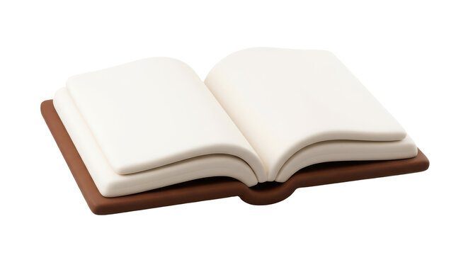 A stylized, open book with thick, smooth white pages displayed on a brown base.