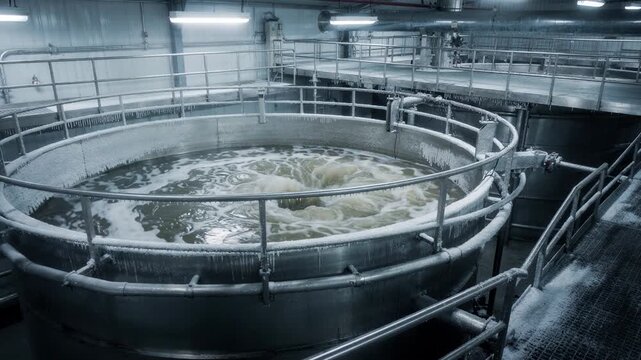 Medium shot capturing tanks mixing alum flocculant in a cold climate facility with frost visible on equipment emphasizing temperaturecontrolled water treatment production
