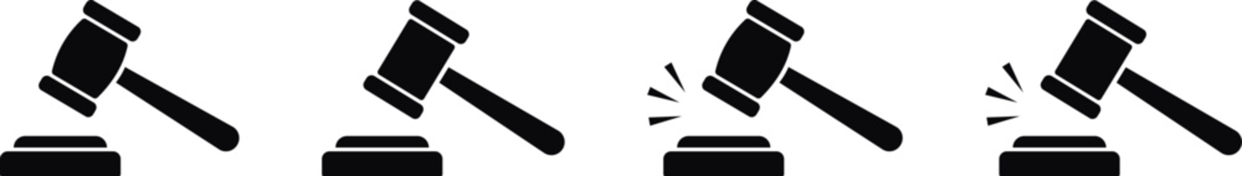 Judge gavel icons set features solid black silhouettes, courtroom hammer symbols represent law justice and the legal system, auction bid verdict strike vector illustration.
