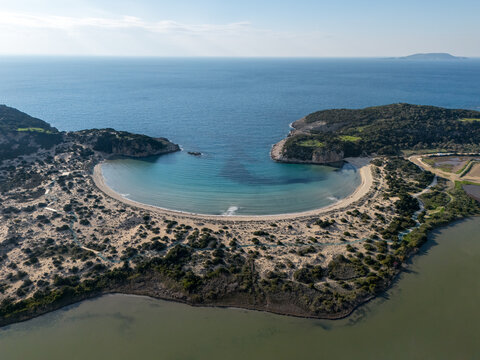 Drone aerial view of Voidokilia Beach Messenia Greece