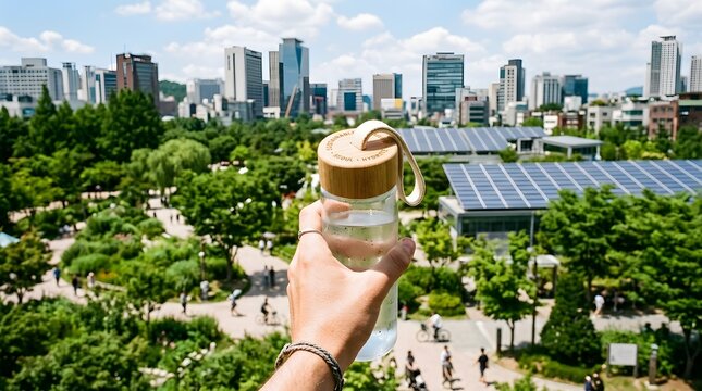 Hand holding a reusable glass water bottle with a wooden cap over a green urban park and city skyline.