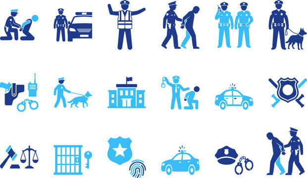 Police and law enforcement icons set for public safety and justice system design.
