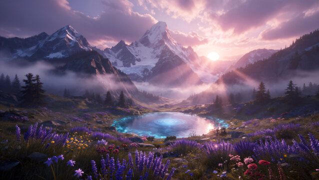 Magischer Bergsee im lila Blumenmeer bei Sonnenuntergang