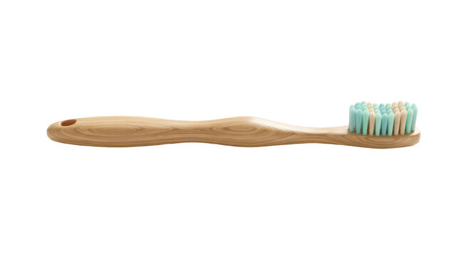 A wooden toothbrush with soft, multicolored bristles in blue, white, and beige.