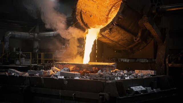 Medium angle view of molten metal billets pouring from a furnace emphasizing the conversion of recycled extrusion scrap into reusable raw materials