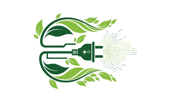 Eco friendly logo concept featuring an electric plug integrated with green leaves and energy sparks for renewable power themes.