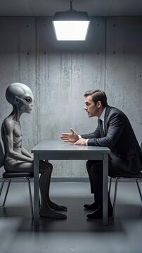 Agent in formal suit interrogating extraterrestrial being in concrete room. Government official questioning grey alien at metal table. Lockdown wide shot.
