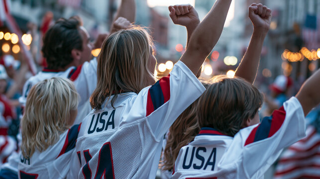 American Family Cheering Together on City Street in White USA Football Jerseys, Rear View