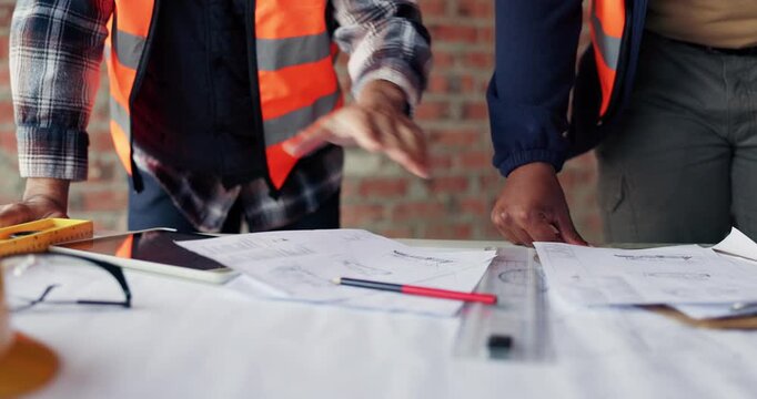 Review, hands and team with blueprint at construction site, expansion layout and floor plan update. Property development, architect and people with schematic for building, scale check and engineering