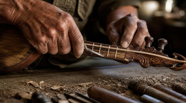 Closeup of a craftsmans hands tuning a stringed instrument.