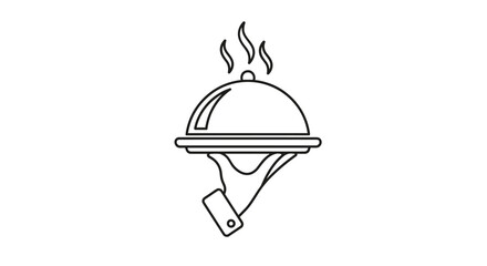 Fototapeta premium Black and white line art icon of a waiter hand holding a serving platter with a domed lid and rising steam indicating hot food.