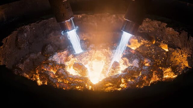 Closeup medium shot focusing on electrode tips within a hybrid electricoxygen furnace highlighting sparks and electric arcs in hightemperature smelting