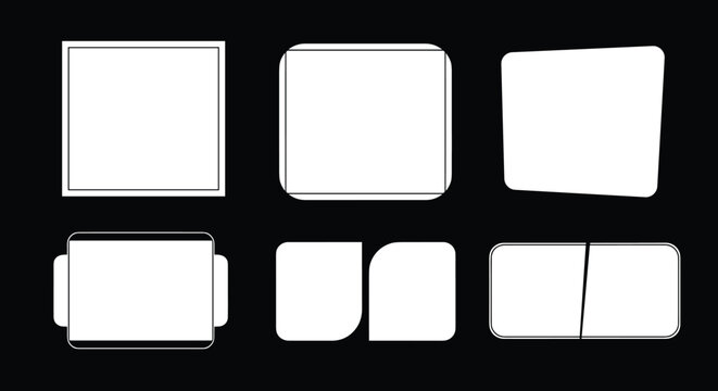 Assorted collection of white rectangular and square frames with rounded or pointed corners presented on a solid black background.