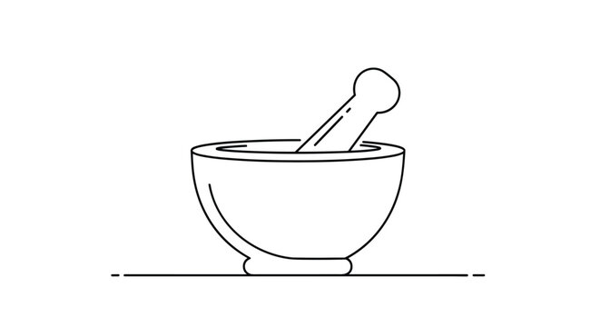 Simple black and white line art drawing of a classic kitchen or pharmaceutical mortar and pestle used for grinding ingredients.