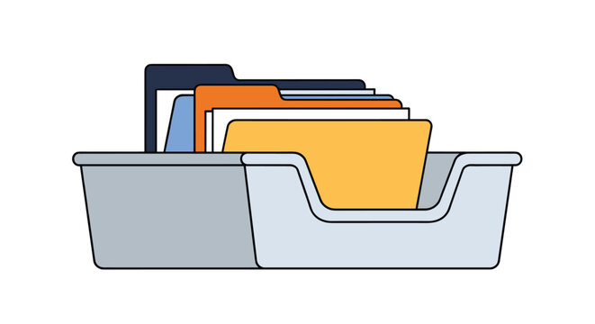 Illustration of a grey desktop file organizer box containing several multi colored folders with tabs for efficient document storage.