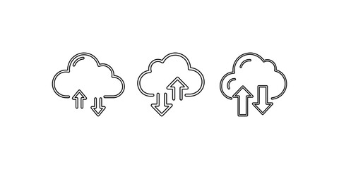 Obraz premium Cloud data exchange icon set with upload and download arrows for server connectivity transfer synchronization storage management and network technology.