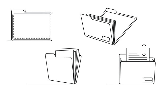 Selection of four different file folder icons in clean black and white line art featuring both open and closed styles for document storage.