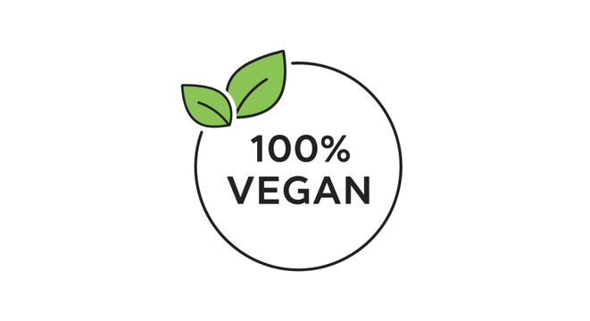 Healthy vegan lifestyle logo featuring two green leaves within a circular frame with text indicating one hundred percent plant based.