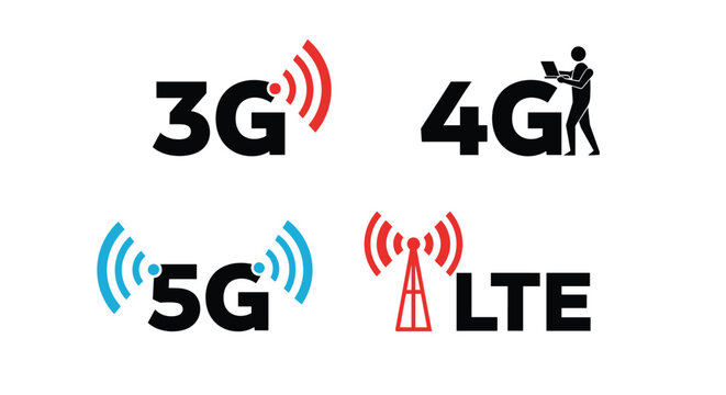Mobile network technology icons for three G four G five G and LTE standards including a person with a laptop and a signal tower.