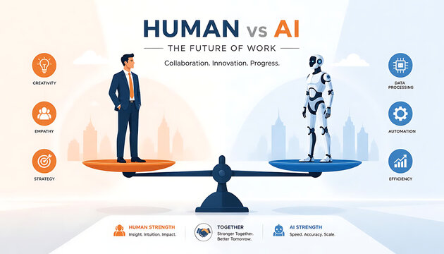 Man and robot on scales representing human versus AI future of work concept with icons