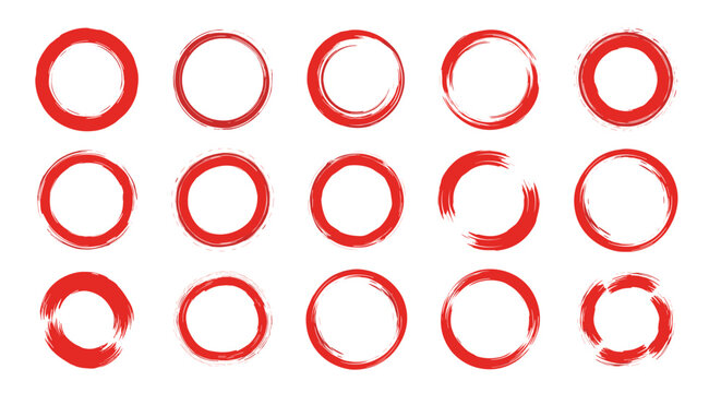 Collection of fifteen red brush stroke circles in various thicknesses and textures creating a hand painted or zen artistic look.