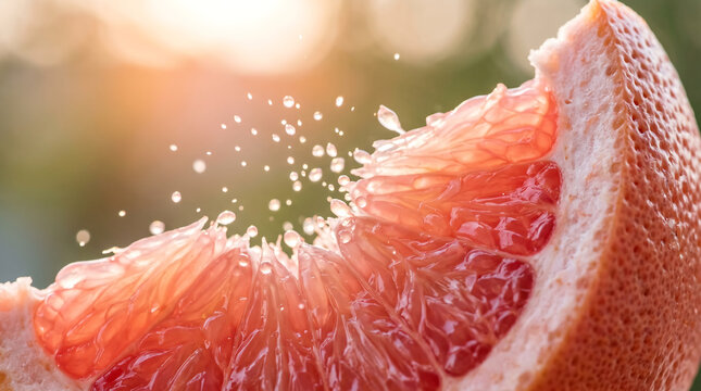 Extreme macro of fresh pink grapefruit slice bursting with juicy droplets spraying in the warm sunlight for a refreshing healthy citrus breakfast food concept