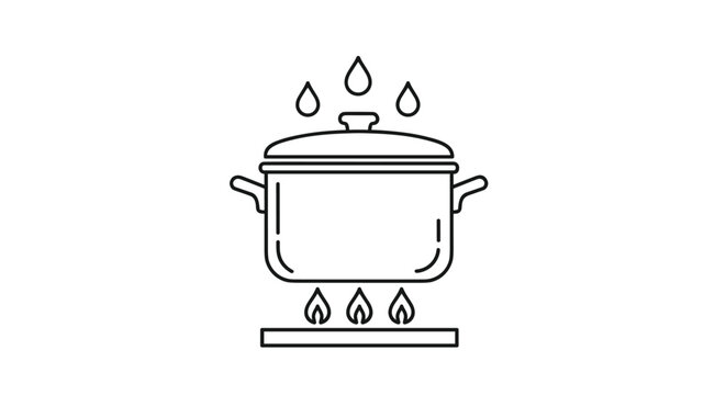 Line art illustration of a cooking pot on a stove with flames and steam or water droplets representing home cooking and meal preparation.
