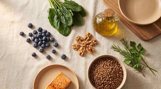 Uncooked superfoods and empty plate in minimalist aesthetic style, natural organic colors, brain health culinary concept with copy space