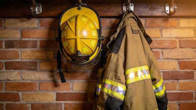 Firefighter Uniform and Equipment Hanging on a Wall Hook, Close-up with Copy Space