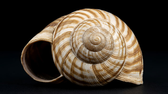 Snail shell features a spiraling pattern of brown and cream bands radiating from the center, showcasing the delicate architectural curves of this empty gastropod casing isolated on a black background.