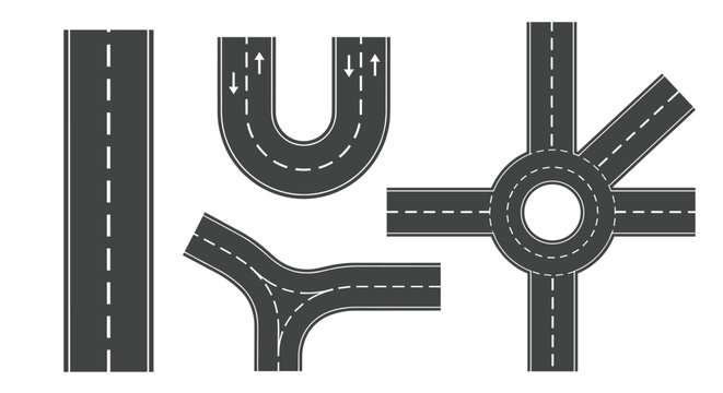 Top view illustration of different road segments including a straight road, U-turn, three-way junction, and a roundabout.