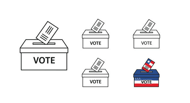 Set of ballot boxes with paper ballots being inserted featuring a patriotic US flag themed version for election day.